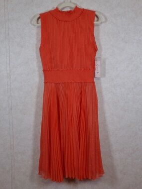 NWT Nanette Lepore Vivid Coral Crinkle Pleated Midi Dress. Lined Size 12